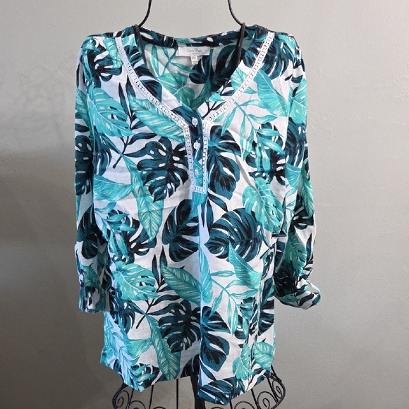 Coral Bay Tops - Coral Bay Teal and Black Leaf Print Top